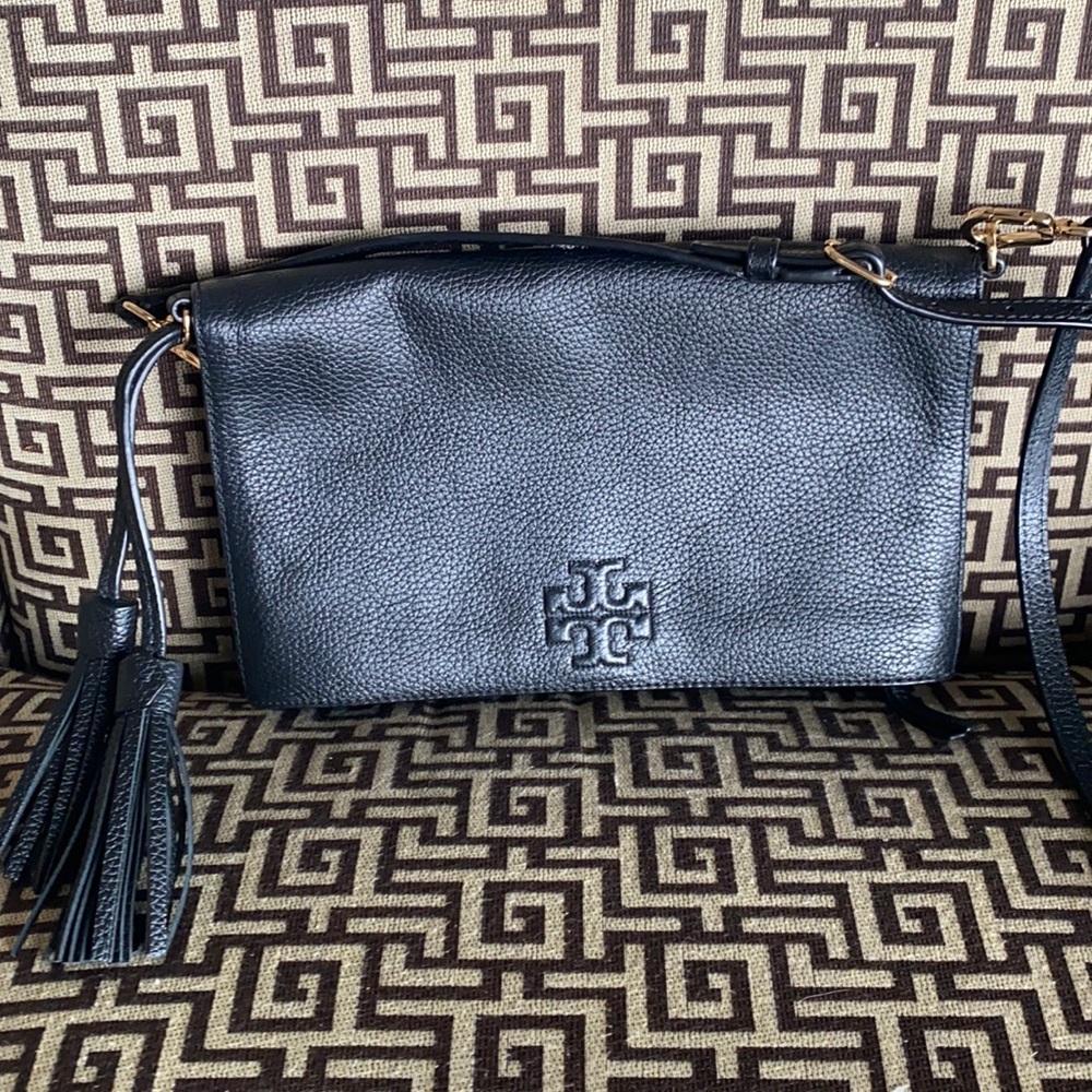 Tory Burch black leather folding crossbody
